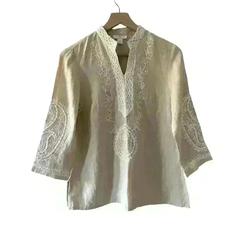 Charter Club Petites Linen Womens Tunic Blouse Embroidered Sz XS/‎ Small Petite